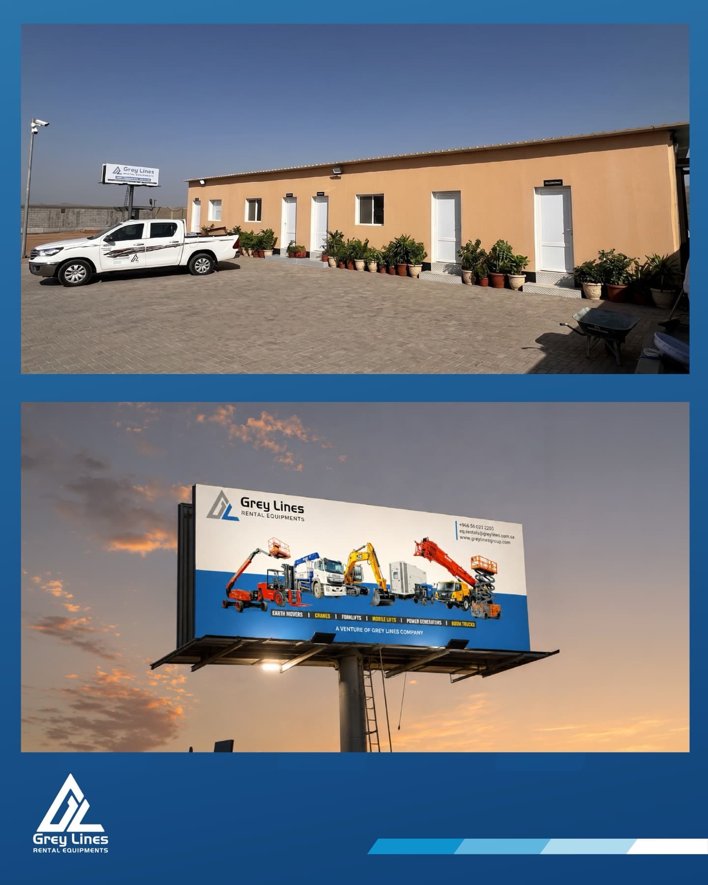 Grey Lines Rental Equipments facility building and signage